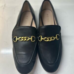 NEW 🖤 Reiss Black Leather Loafers Shoes with Gold Chain Size 37 or 6.5 Flats